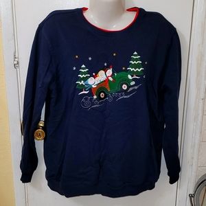 Vintage sweater snowman pullover navy blue embroidered fleece lined